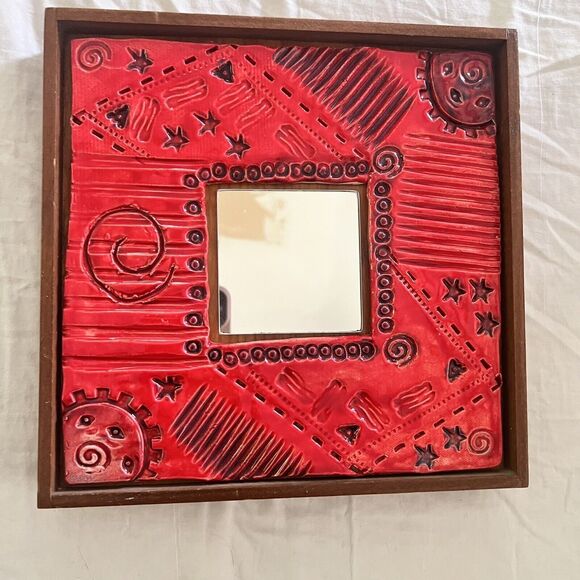 Ceramic Red Framed Mirror Hand Made 9.5 X 9.5 Stars Circles Sun - Picture 2 of 8
